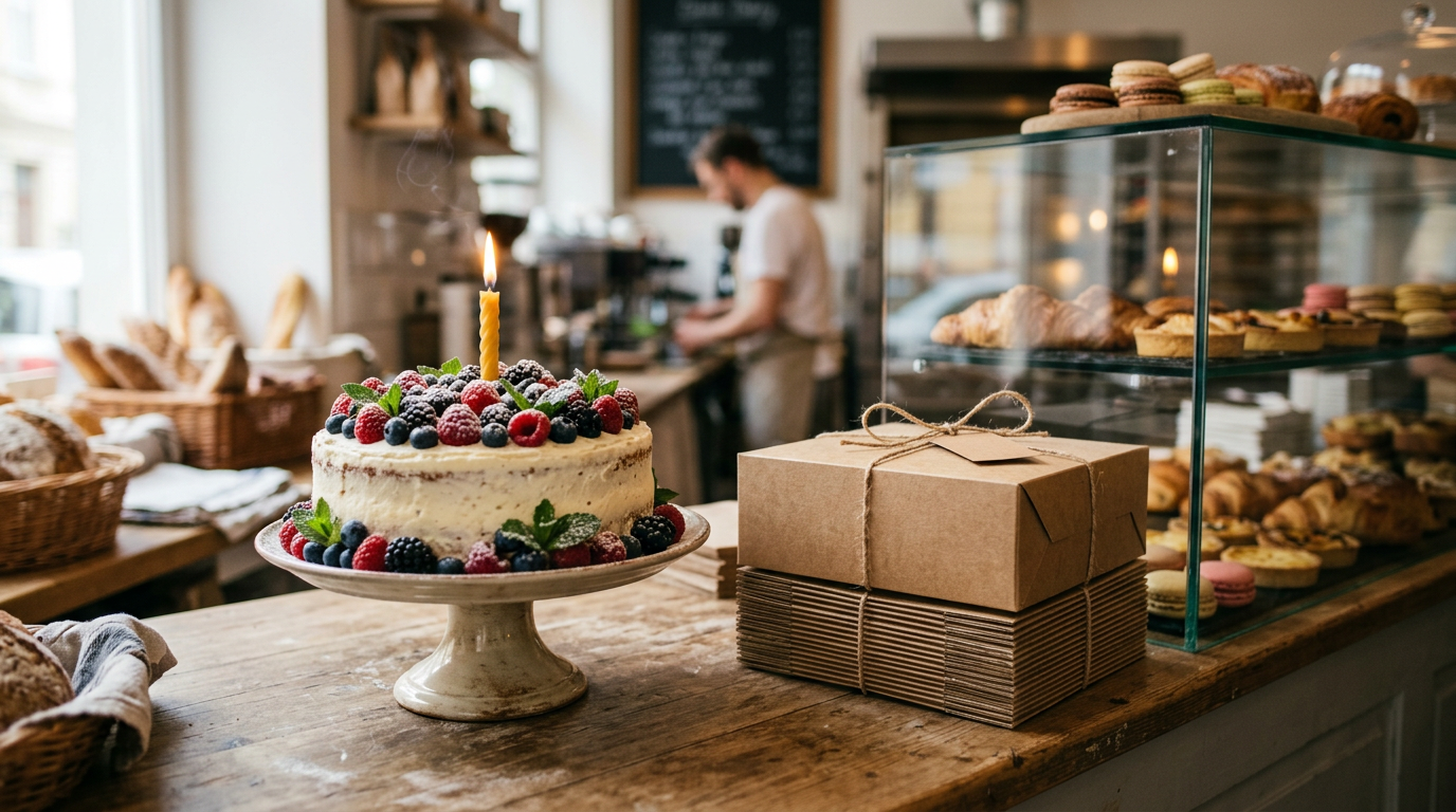 Un gâteau d’anniversaire aux fruits rouges sur un comptoir de pâtisserie. Image générée.