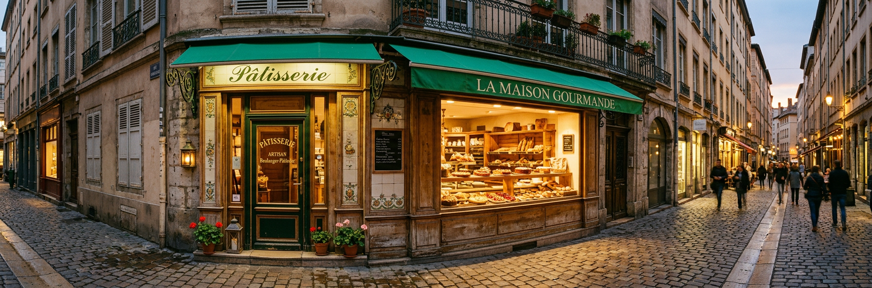 Une devanture de pâtisserie avec un store vert. Image générée.