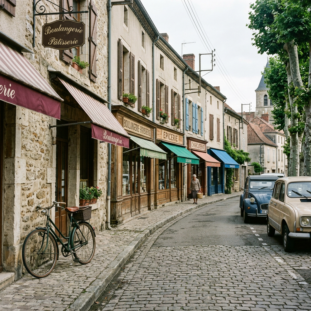 Une rue calme bordée de commerces dans une petite ville française. Image générée.