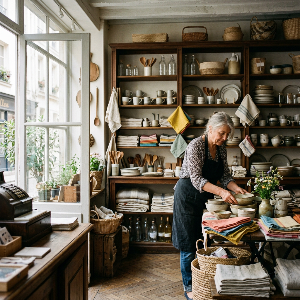 L’intérieur d’une petite boutique indépendante de décoration. Image générée.