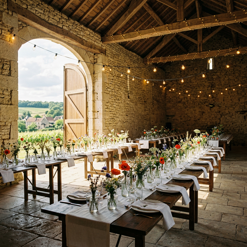 Une grange en pierre avec de longues tables dressées pour une réception. Image générée.